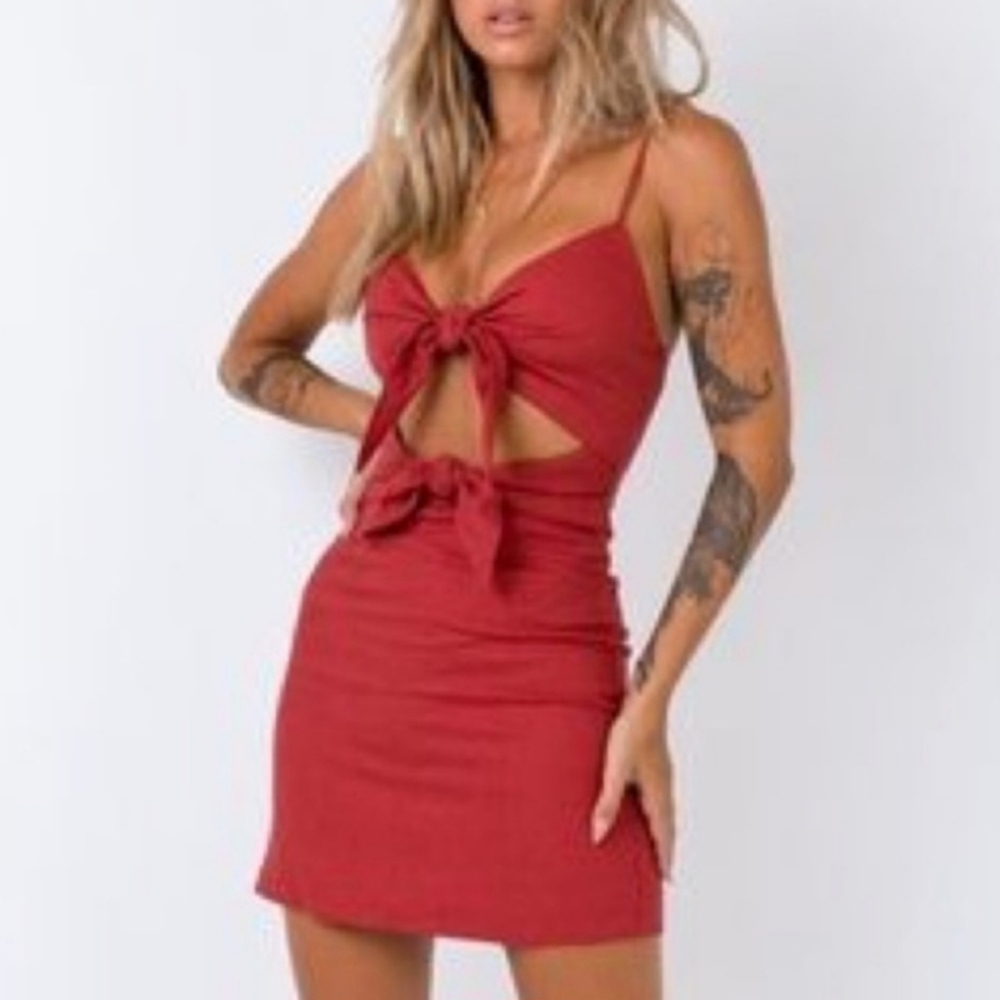 Princess Polly The Java Rust Mini Dress Women's Size 0 Linen Cotton Bows Cut-out